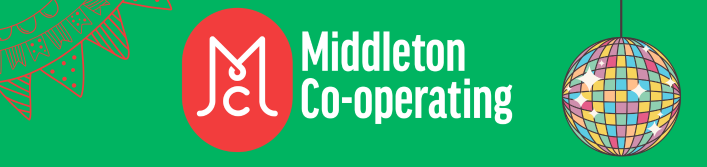 middleton cooperating logo with a disco ball and bunting